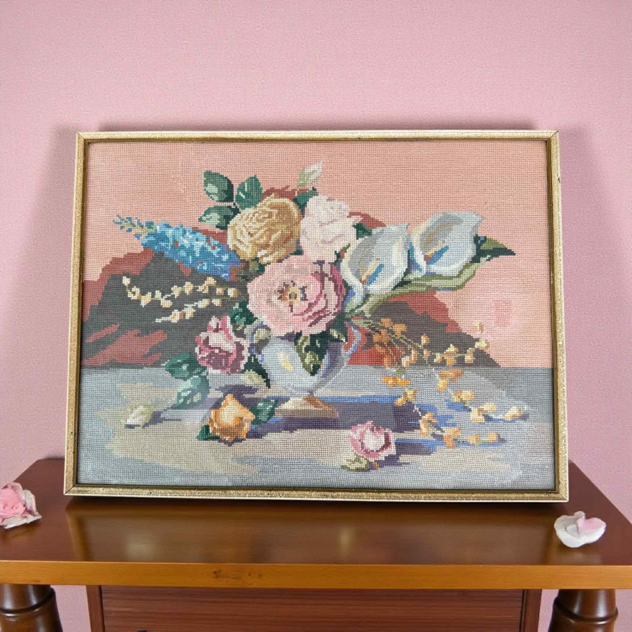 Vintage Framed Floral Needlepoint