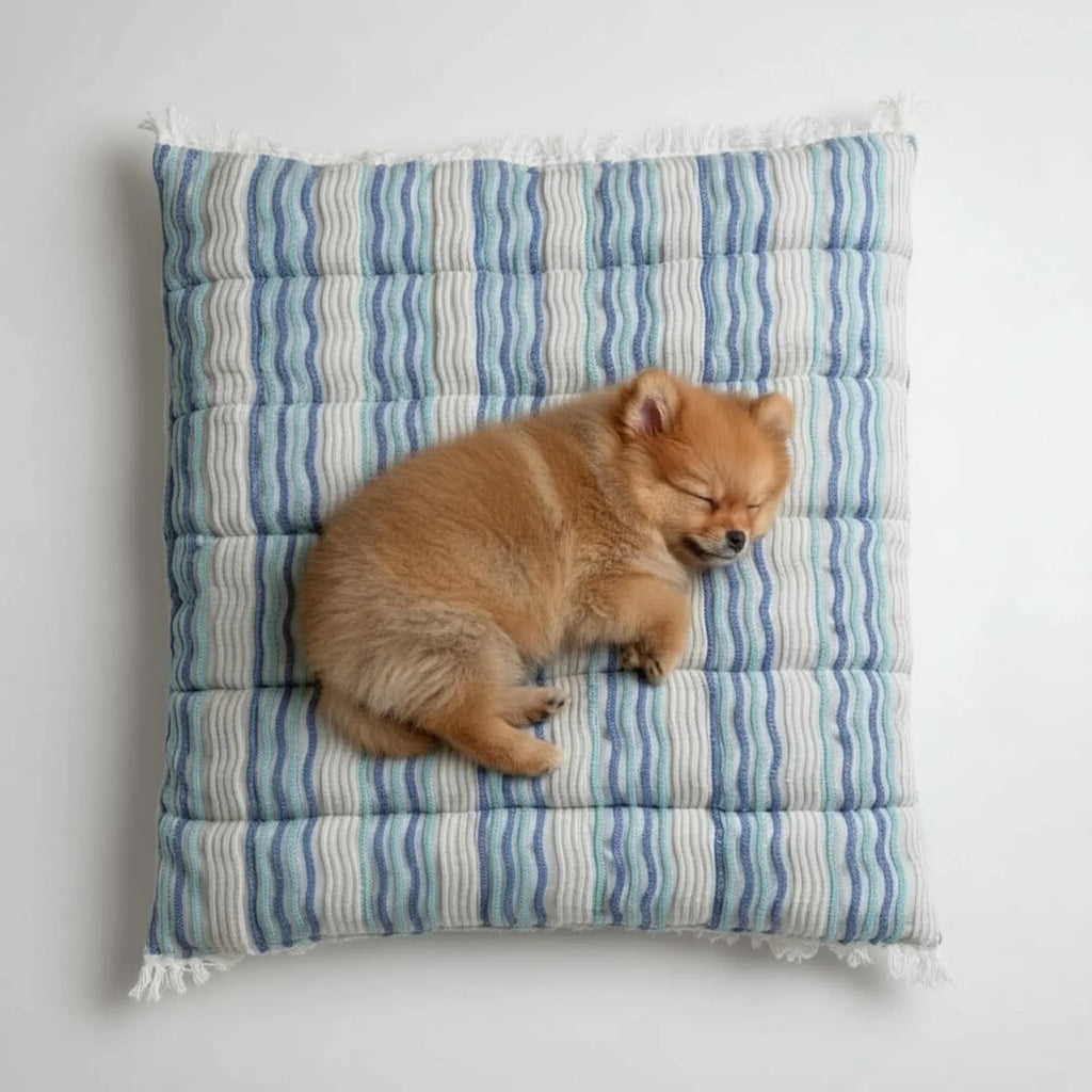 Retro Upcycled Dog Bed – Blue & White Waves Blanket