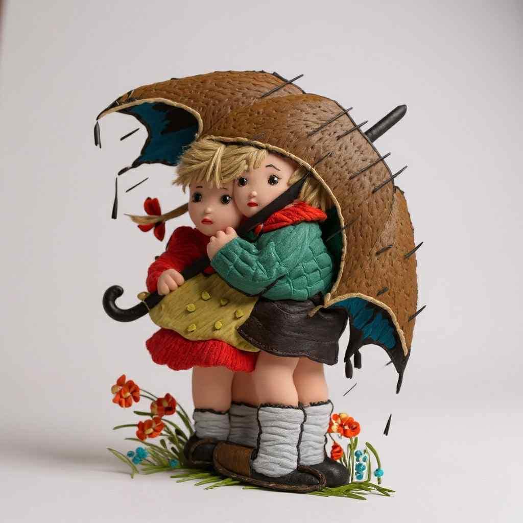 Vintage 1975 Hand-Embroidered Children Under Umbrella Needlework