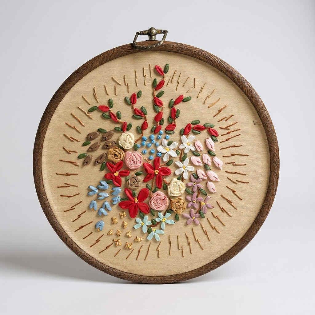 1970s Vintage Floral Embroidery Art