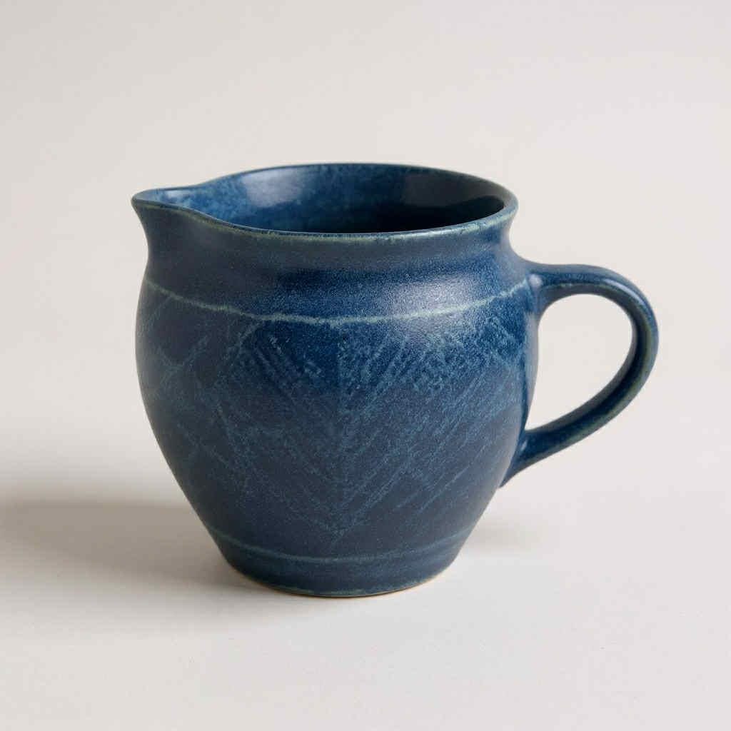Vintage Handmade Studio Pottery Jug in Blue Glaze - Signed PCM Ceramic