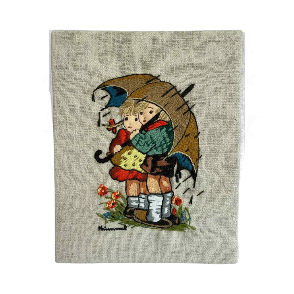 Vintage 1975 Hand-Embroidered Children Under Umbrella Needlework