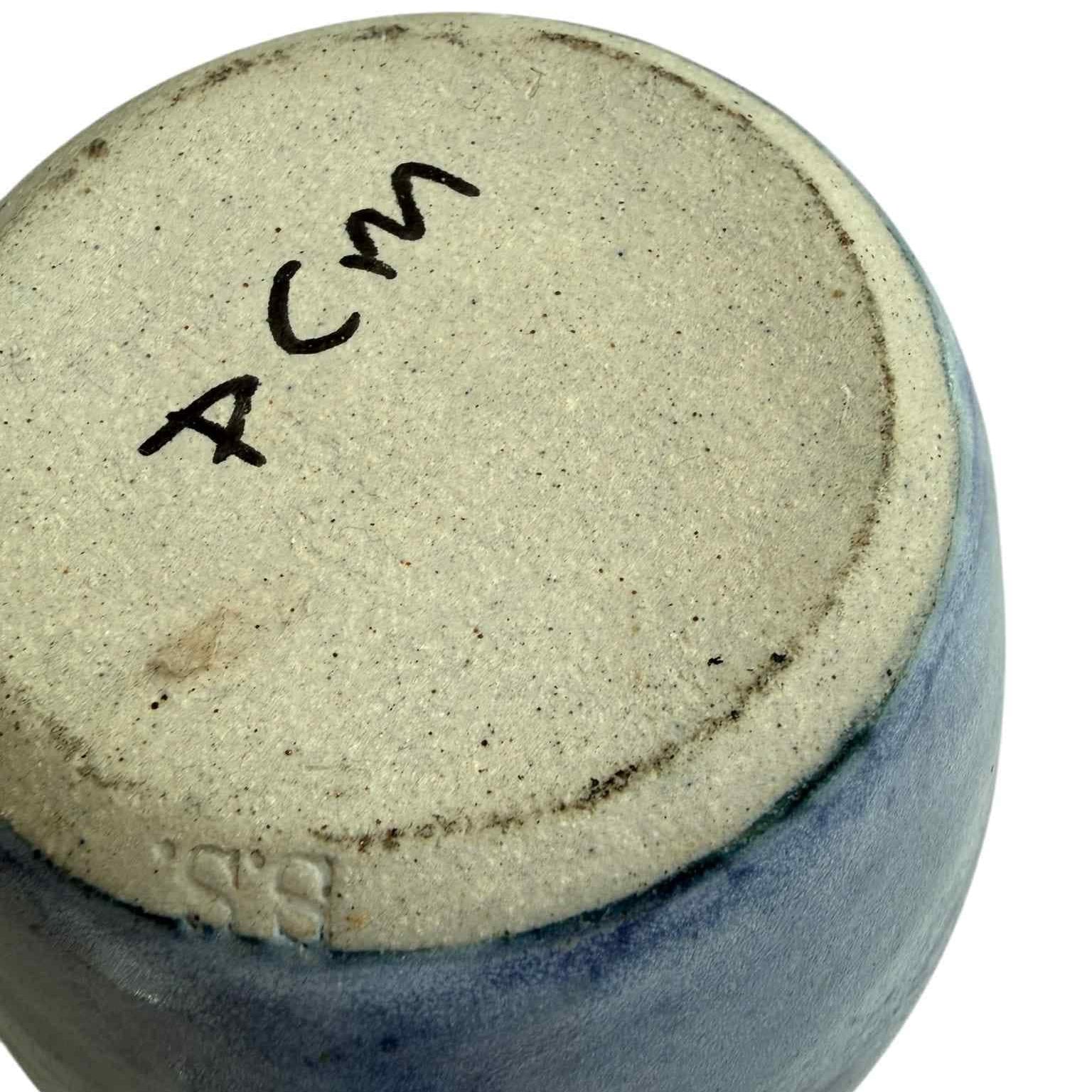 Vintage Handmade Studio Pottery Jug in Blue Glaze - Signed PCM Ceramic