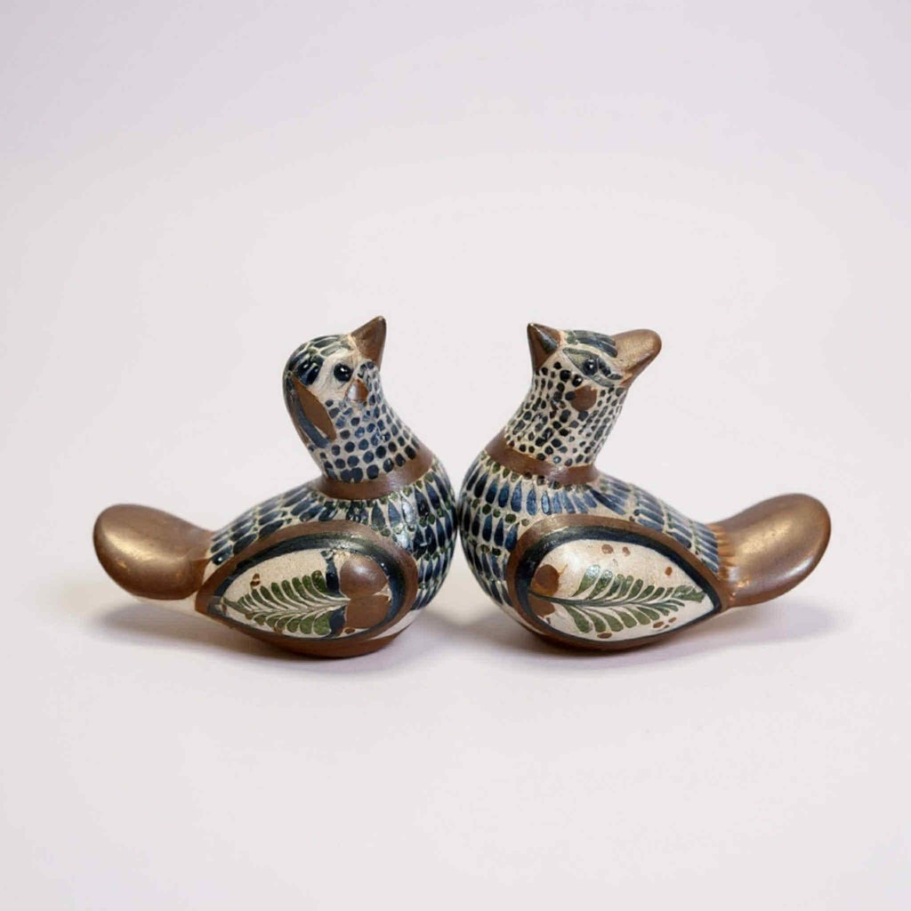 Pair of Hand-Painted Signed Tonal Mexican Pottery Birds - 10cm Tall