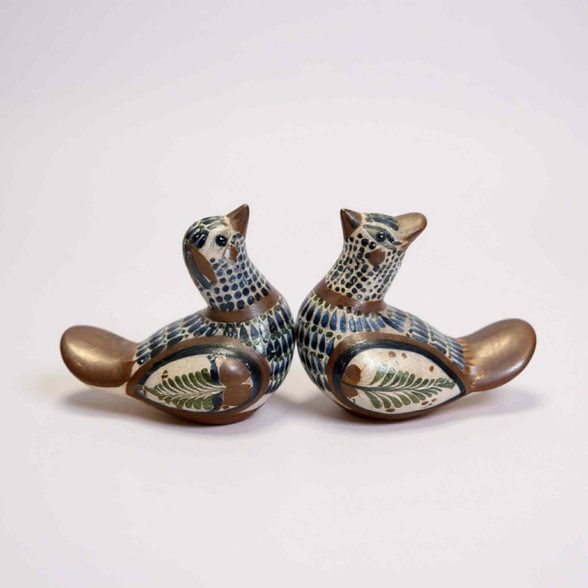 Pair of Hand-Painted Signed Tonal Mexican Pottery Birds - 10cm Tall