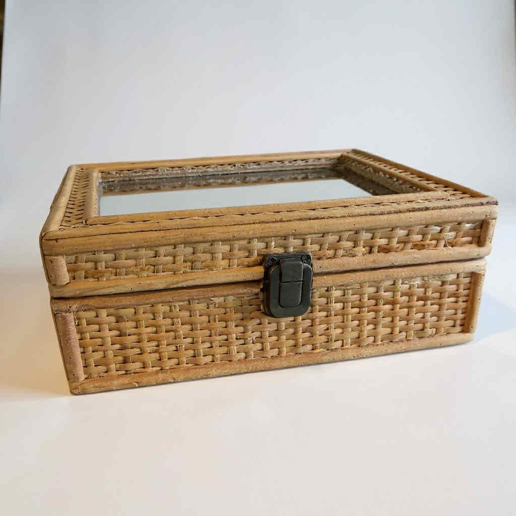 Vintage Woven Rattan Display Box with Glass Lid