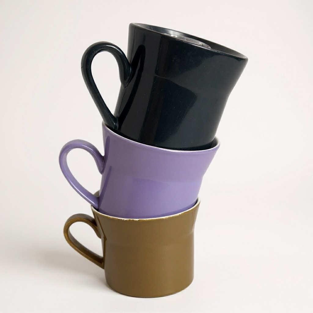 Set of 3 Vintage Crown Lynn Mugs NZ Pottery - Black, Caramel Brown & Lilac