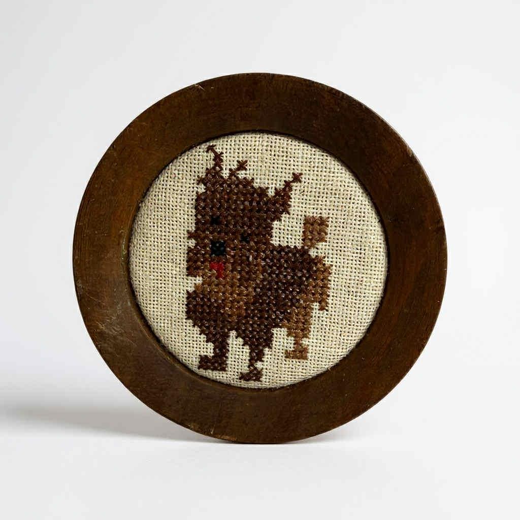 Vintage Cross Stitch Puppy in Round Wooden Frame