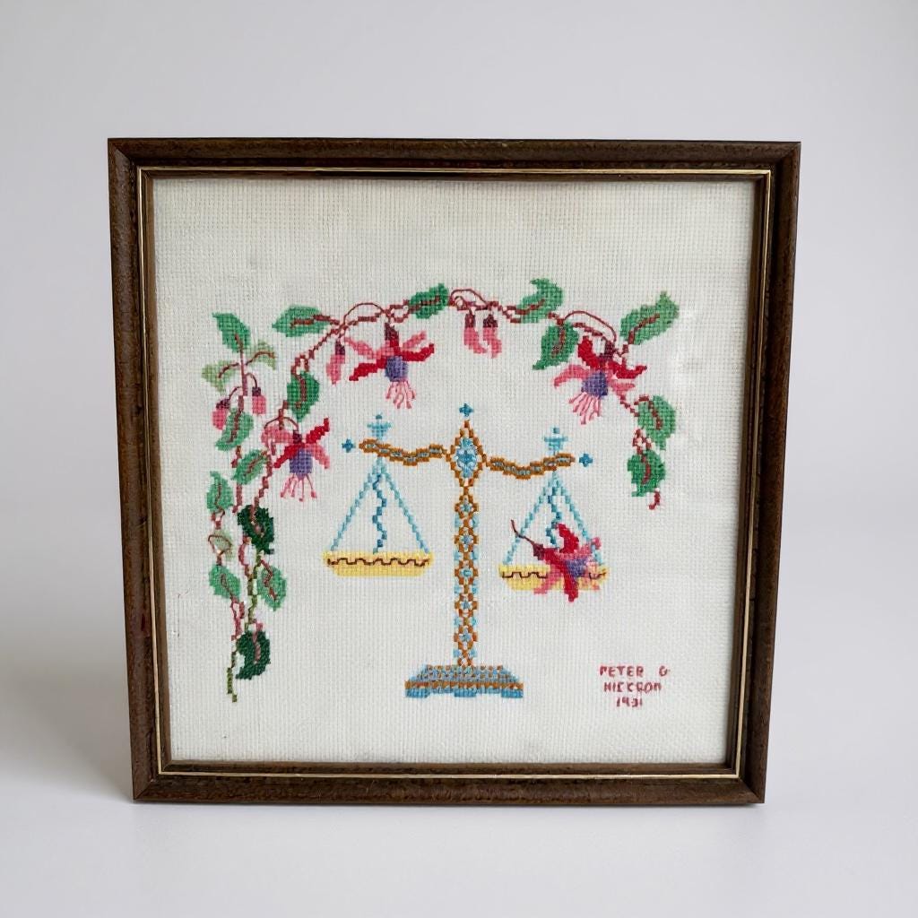 Vintage Framed 1931 Hand-Embroidered Libra Scales Artwork - Signed Peter G. Hickson
