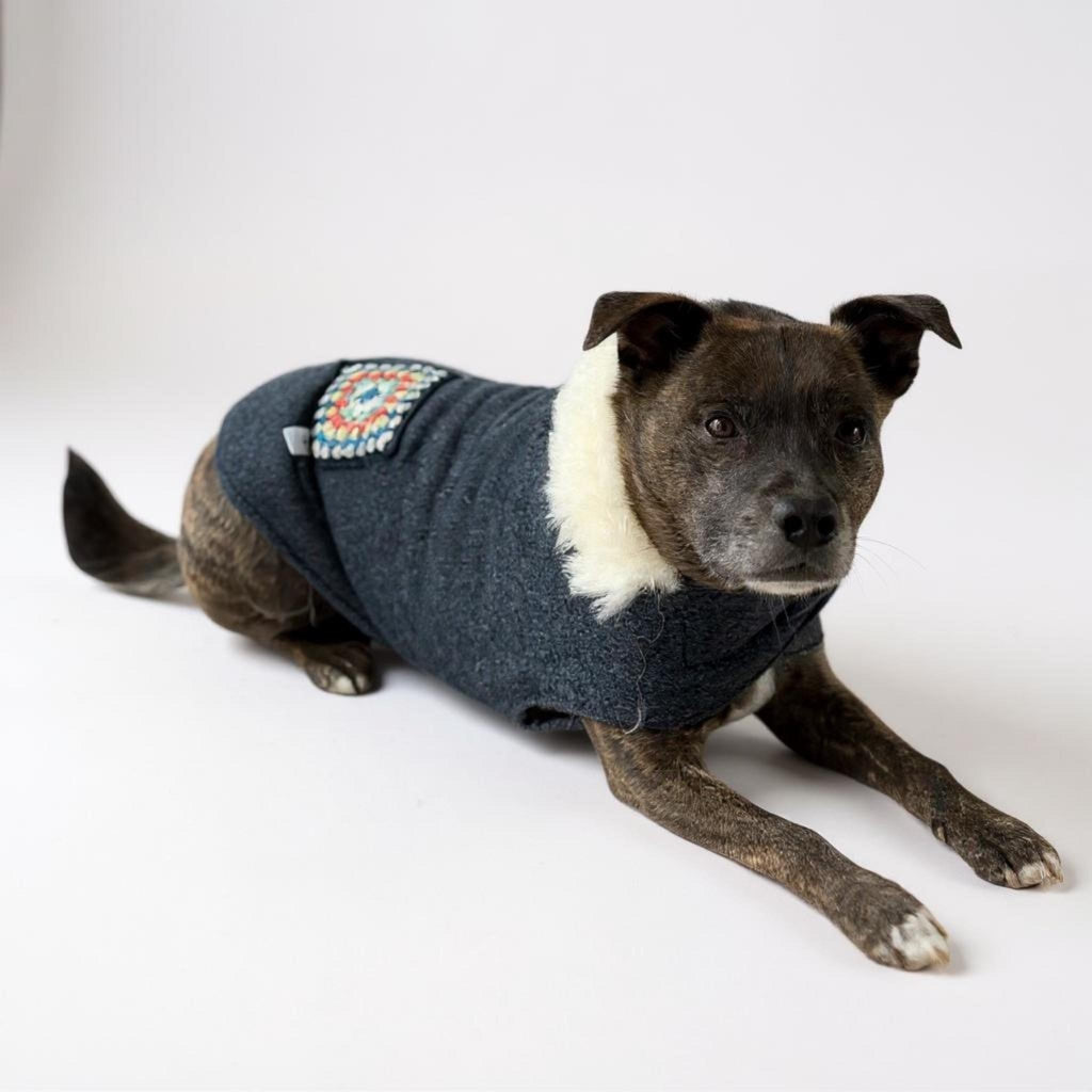 Upcycled Vintage Crochet Patch Wool Dog Jacket - Large
