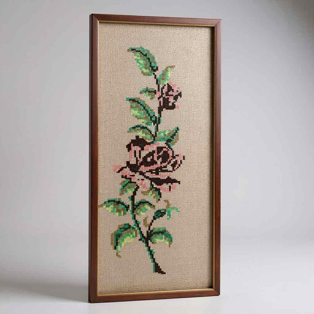 Vintage Hand-Stitched Floral Needlepoint