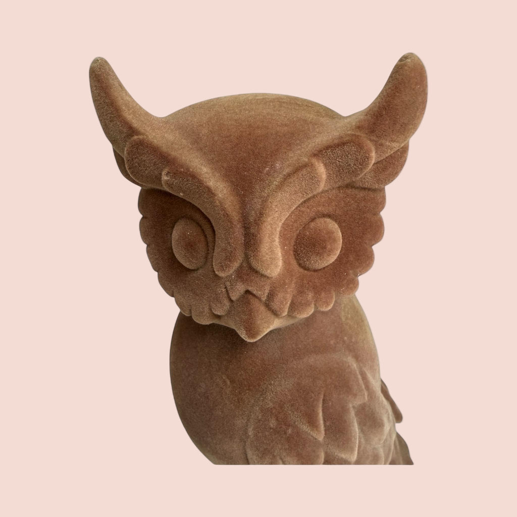 Vintage Mid-Century Brown Flocked Owl Figurines Pair