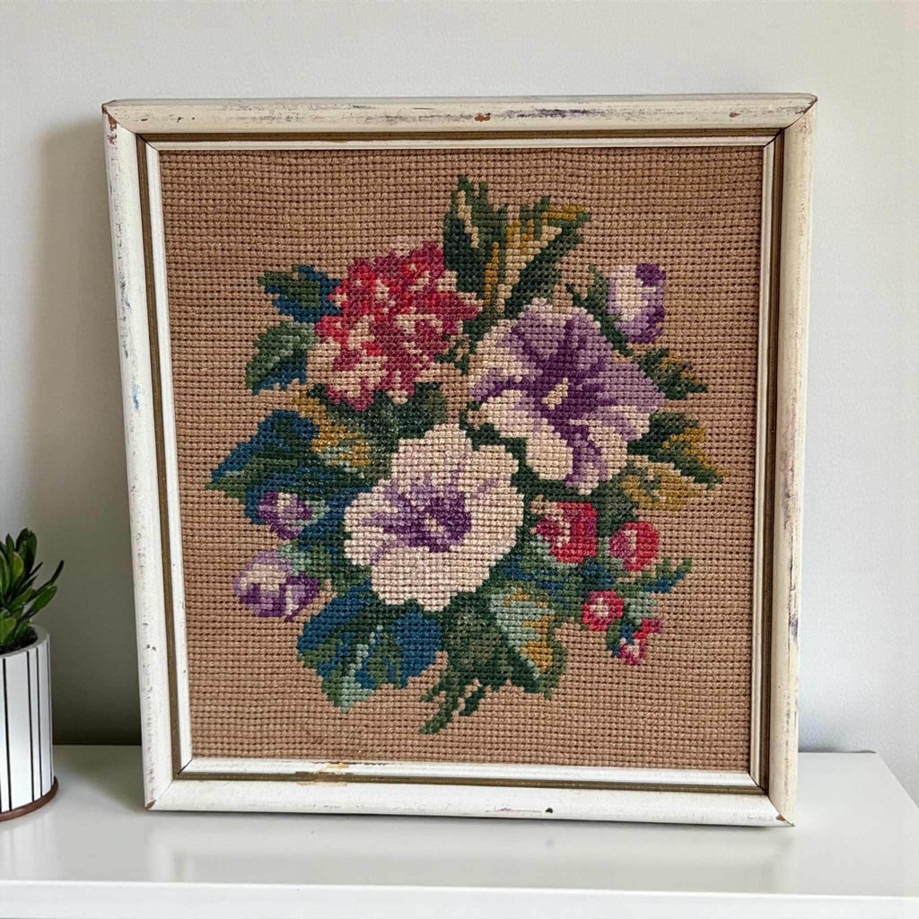 Vintage Framed Floral Needlepoint Art