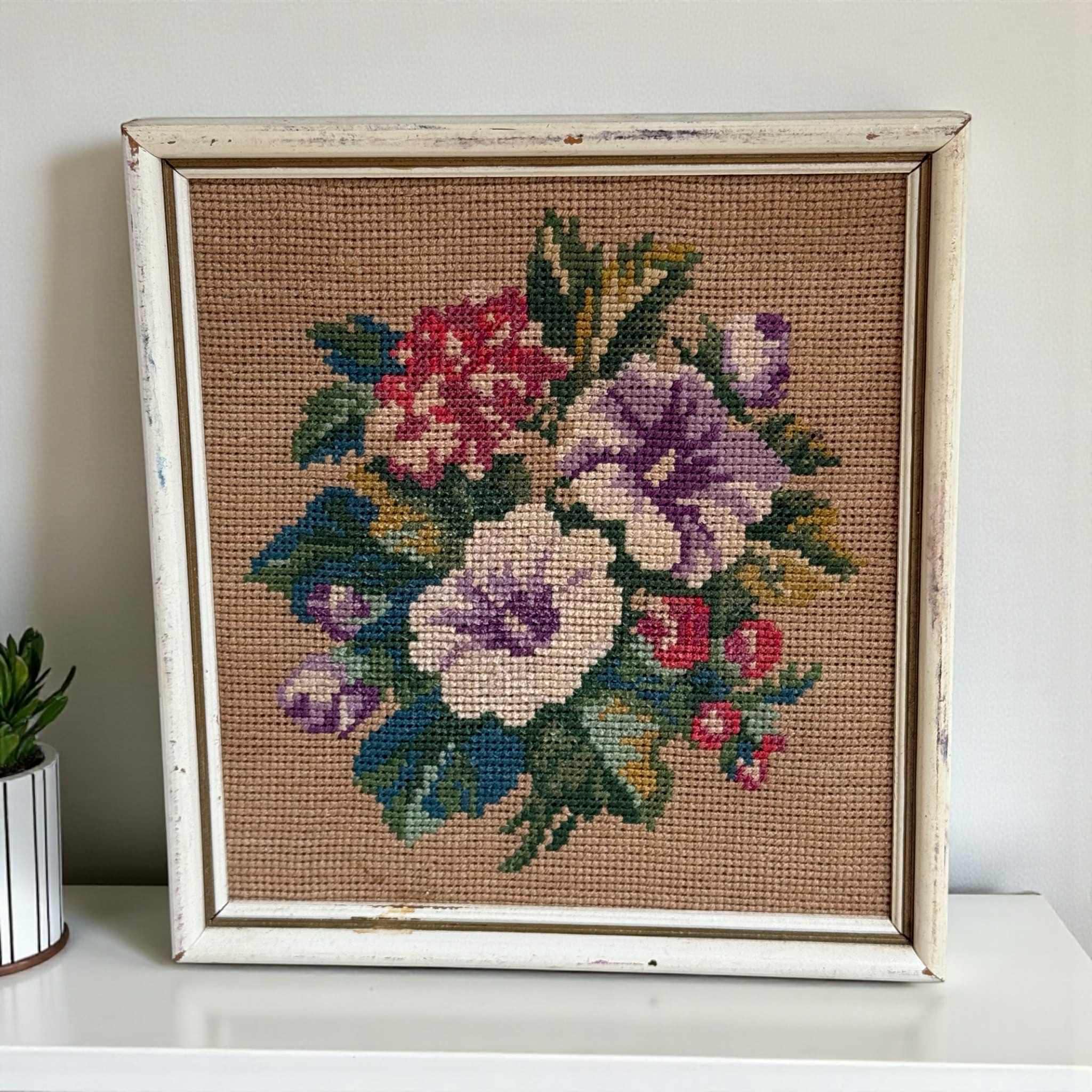 Vintage Framed Floral Needlepoint Art