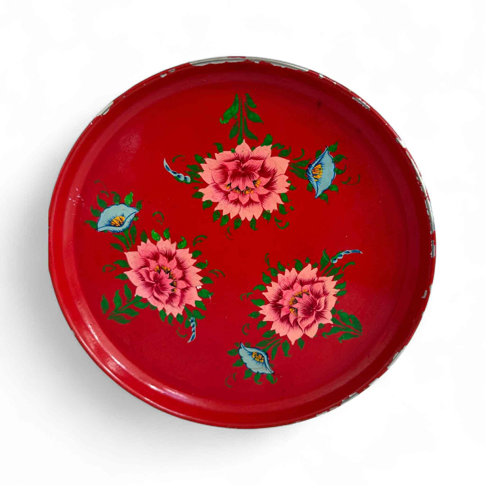 Vintage Hand Painted Red Metal Tray