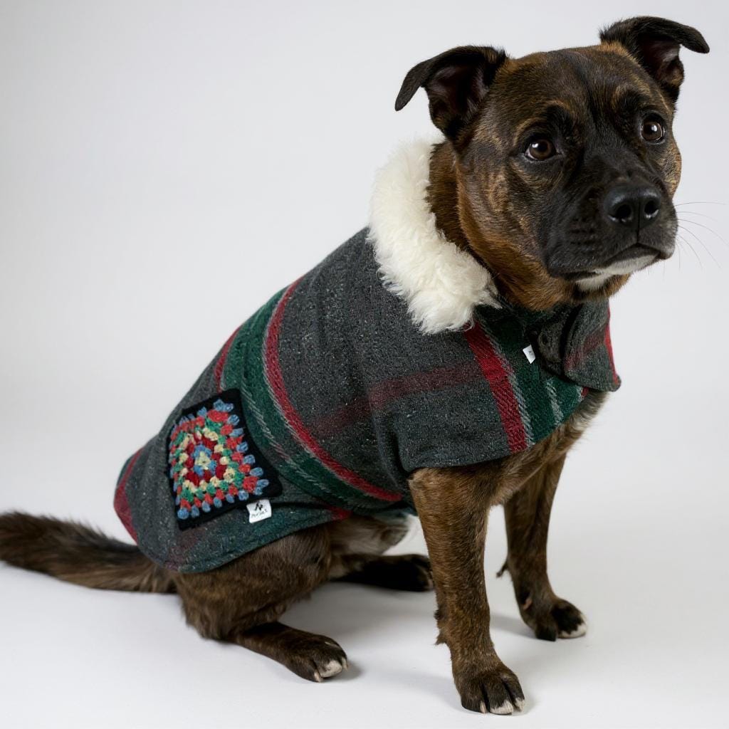 Upcycled Vintage Crochet Patch Wool Dog Jacket - Large