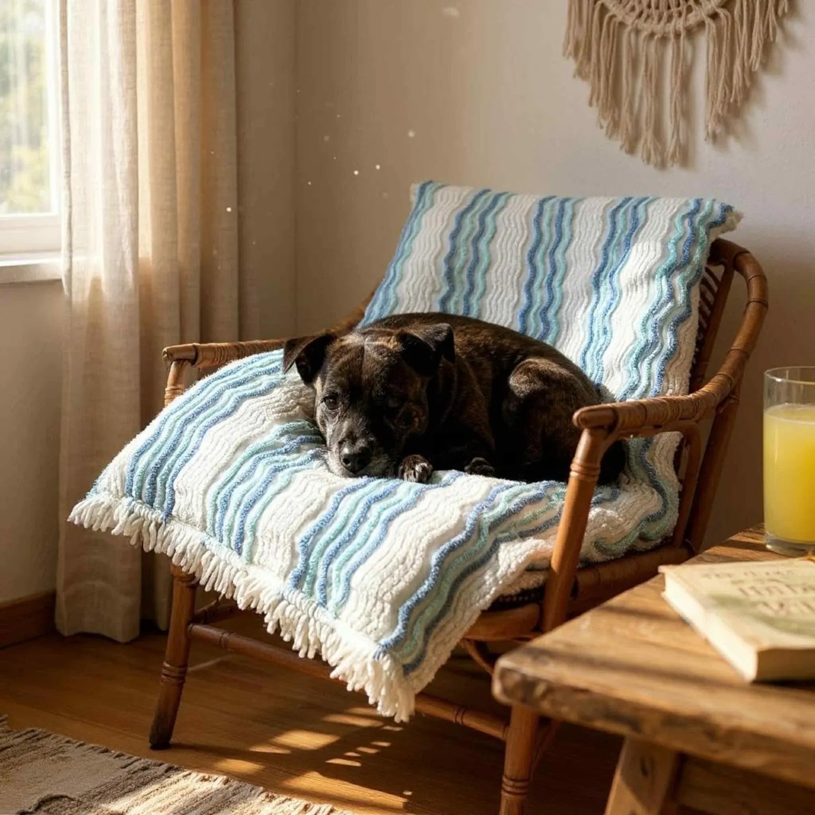 Retro Upcycled Dog Bed – Blue & White Waves Blanket