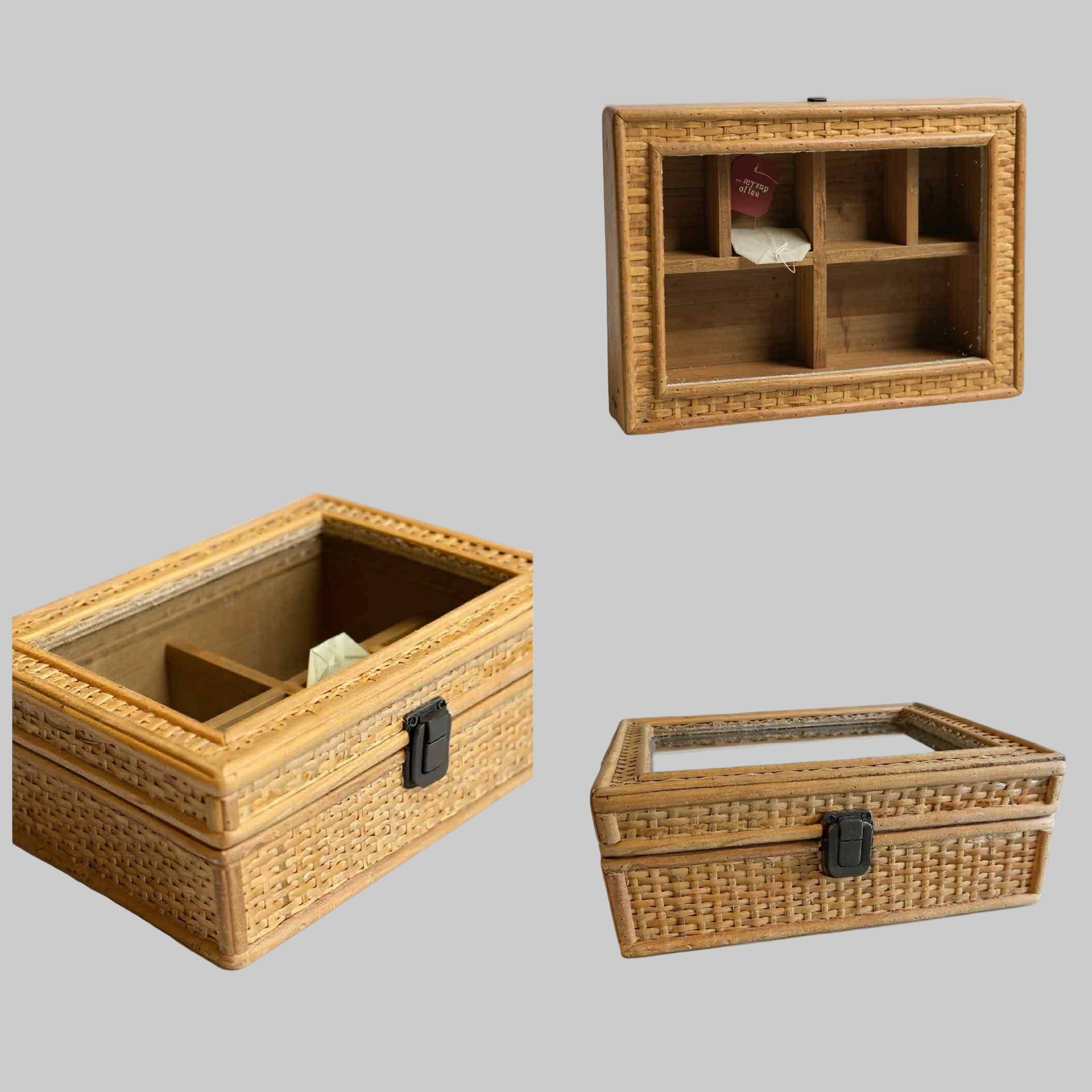 Vintage Woven Rattan Display Box with Glass Lid