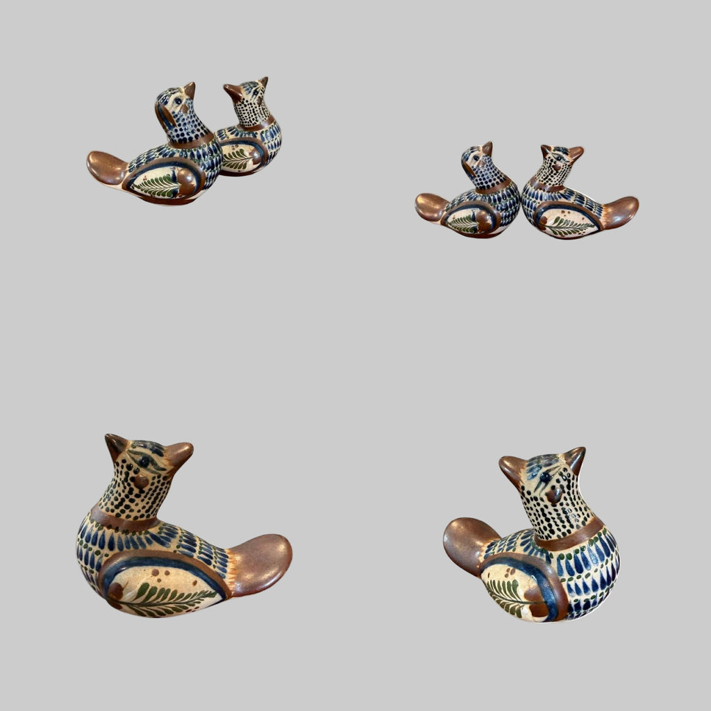 Pair of Hand-Painted Signed Tonal Mexican Pottery Birds - 10cm Tall