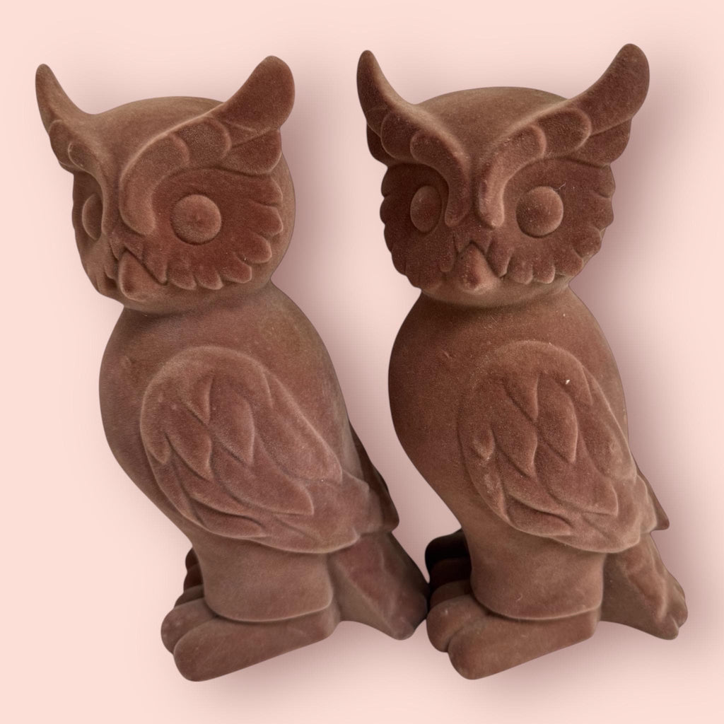 Vintage Mid-Century Brown Flocked Owl Figurines Pair