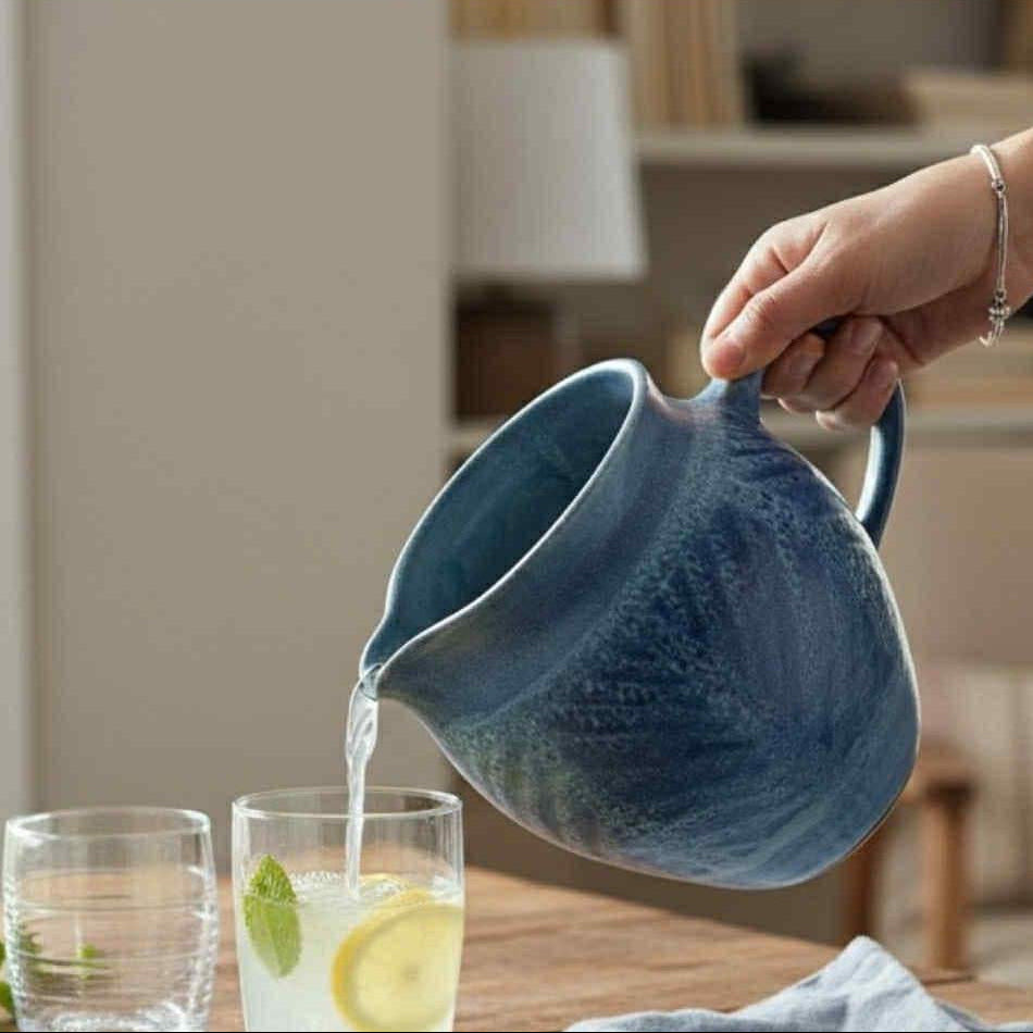 Vintage Handmade Studio Pottery Jug in Blue Glaze - Signed PCM Ceramic