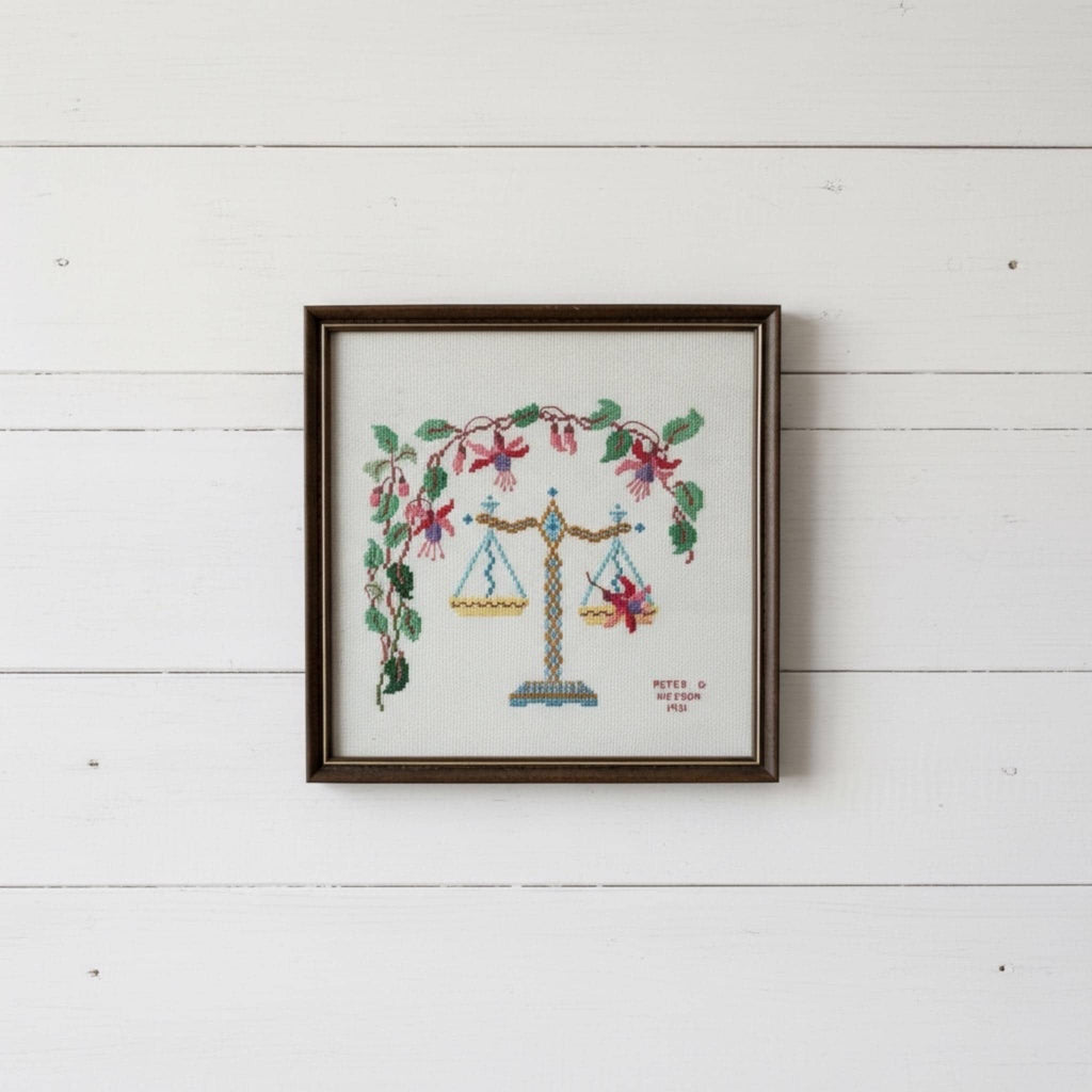 Vintage Framed 1931 Hand-Embroidered Libra Scales Artwork - Signed Peter G. Hickson