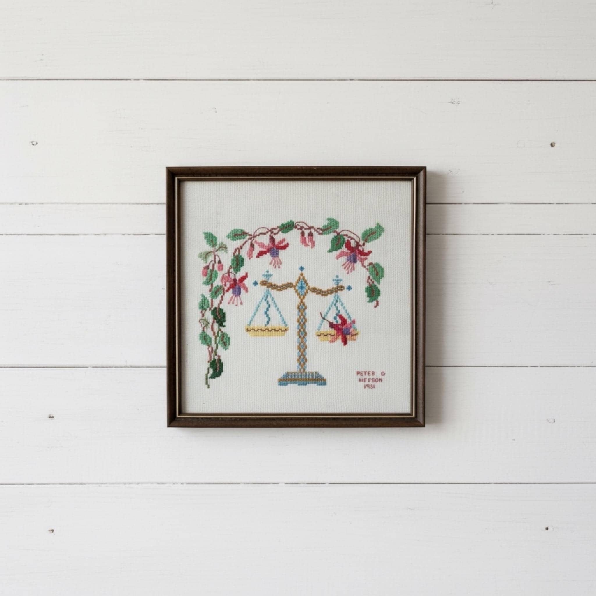 Vintage Framed 1931 Hand-Embroidered Libra Scales Artwork - Signed Peter G. Hickson